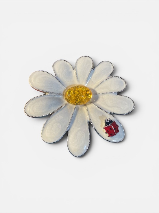 Jewelry - White Daisy brooch with Yellow Center and Ladybug Accent